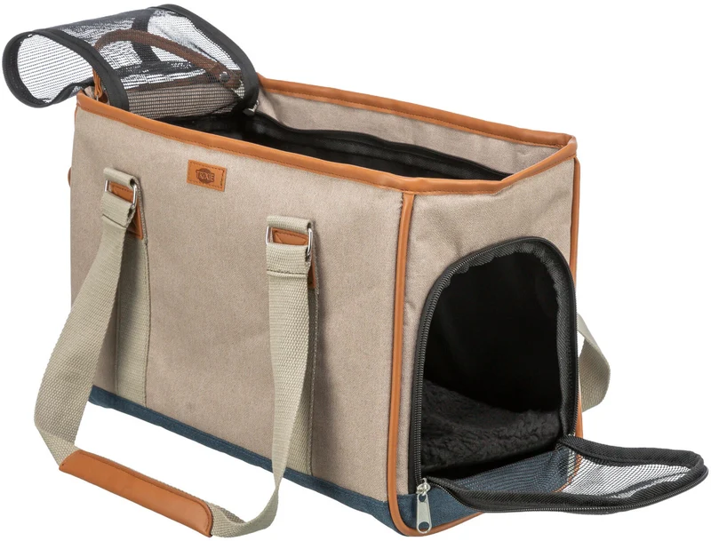 Sandfarbene Hundetragetasche Elisa im Canvas-Look mit hellbraunem Kunstleder