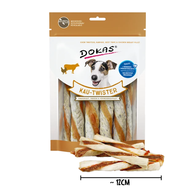 Dokas Kau Twister Rinderhaut für Hunde – Entenherz & Pansen, 200 g
