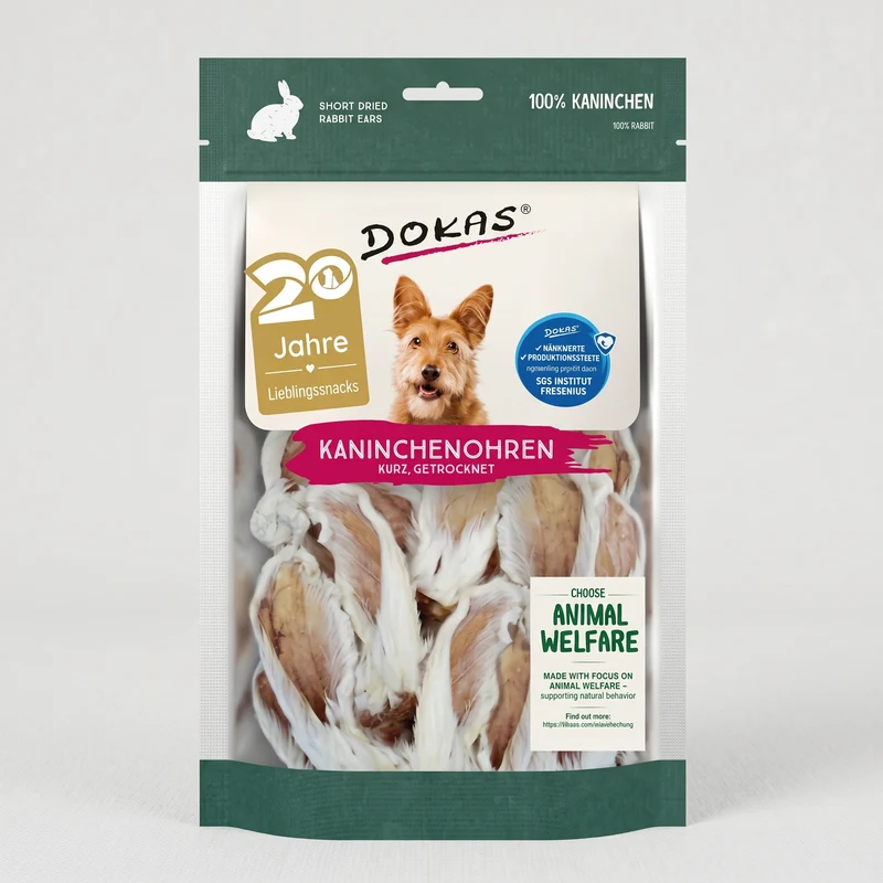 Dokas Getrocknete Kaninchenohren mit Fell für Hunde