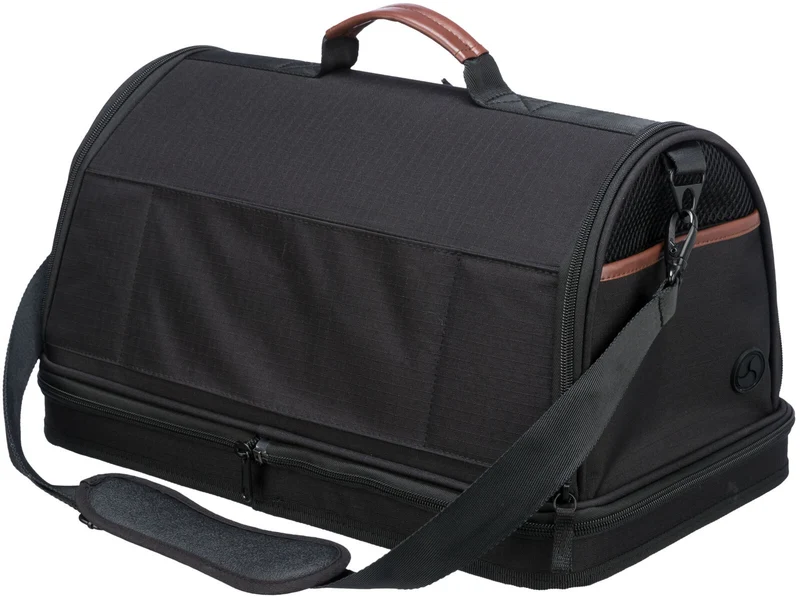 Schwarze Flugzeugtasche Gate für Hunde und Katzen, halbrund mit braunem Kunstleder und Trolley-Schlaufe