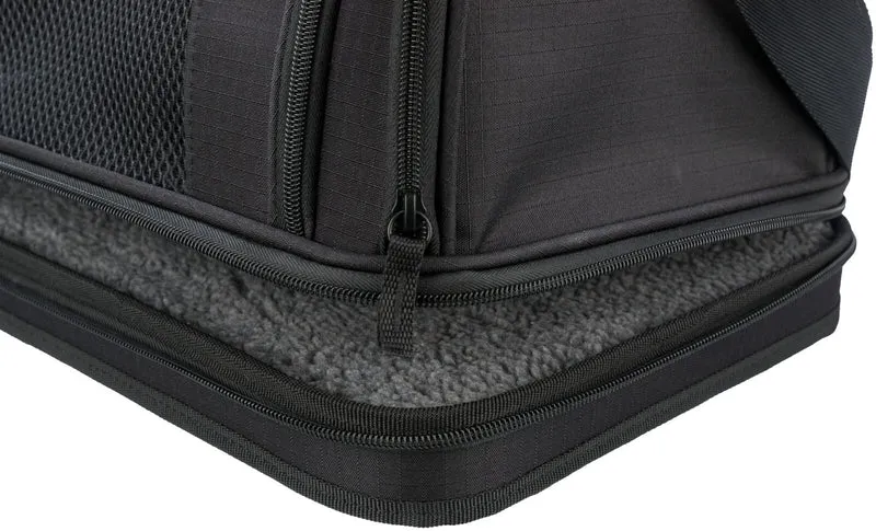 Schwarze Flugzeugtasche Gate für Hunde und Katzen, halbrund mit braunem Kunstleder und Trolley-Schlaufe