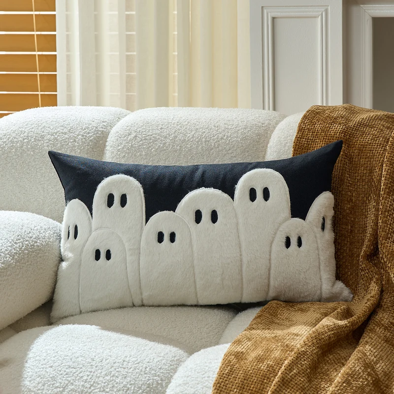 Geplüschtes Ghost Appliqué Baumwoll-Leinen Quadrat Dekoratives Wurfkissenbezug