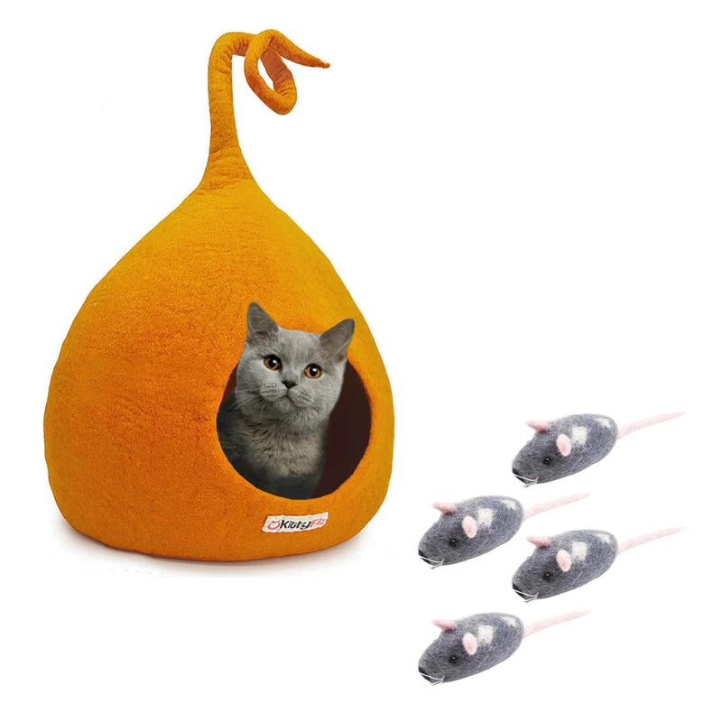 Katzenhöhle Bundle Orange mit Zipfel & Filzmäuse 4er-Pack