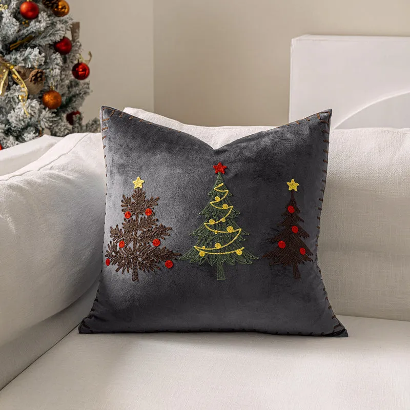 Plüsch-Velours-Quadrat-Akzentkissenbezug mit handgestickter Weihnachtsbaumstickerei und Lockstichkante