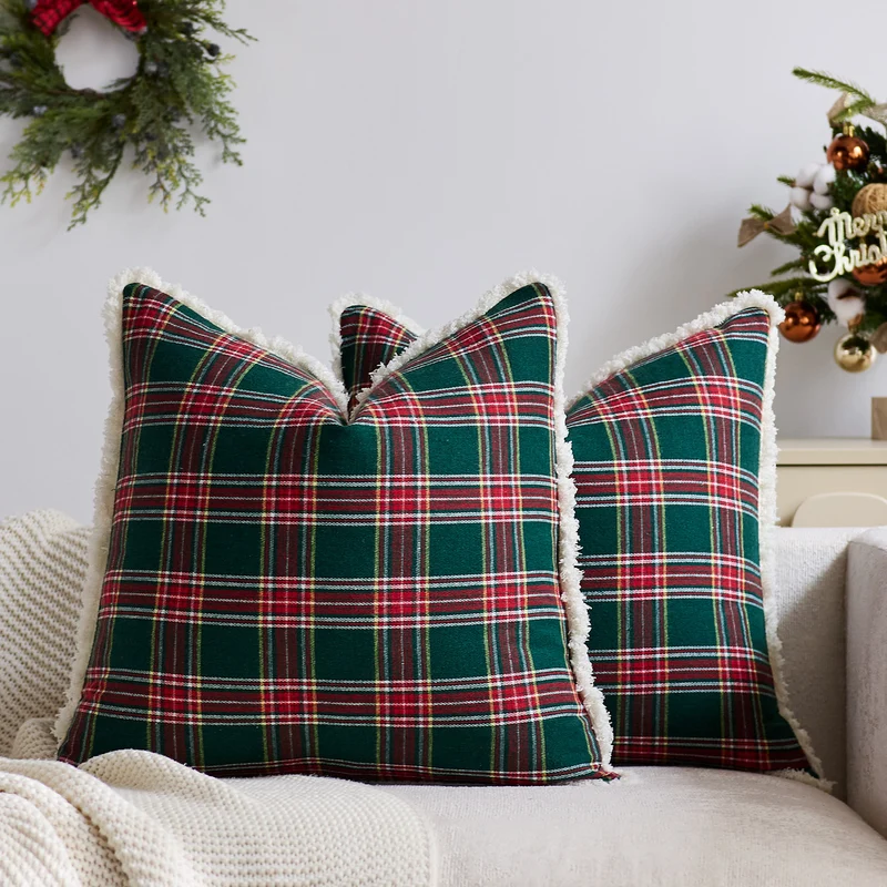 Plaid Sherpa-Trim Quadrat Dekorative Wurfkissenbezug