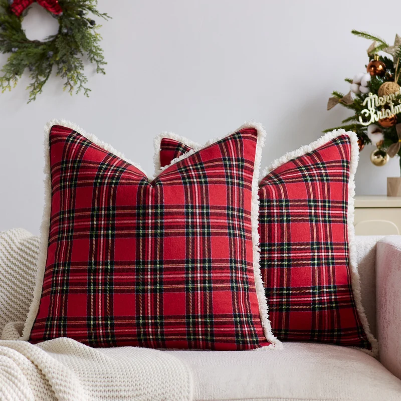 Plaid Sherpa-Trim Quadrat Dekorative Wurfkissenbezug