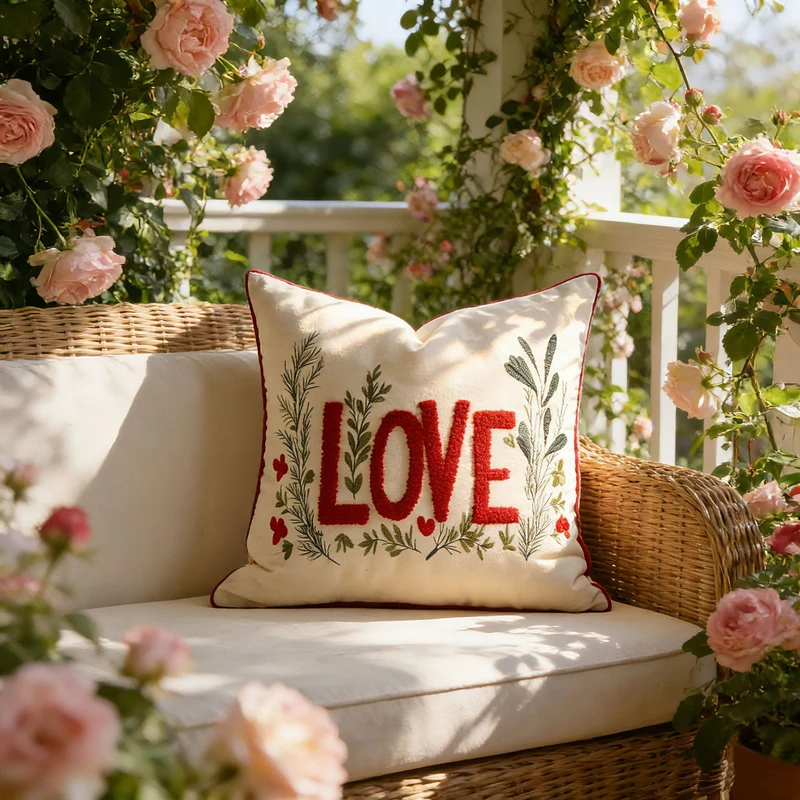 Bestickte tuftierte LOVE botanische Akzentkissenbezug