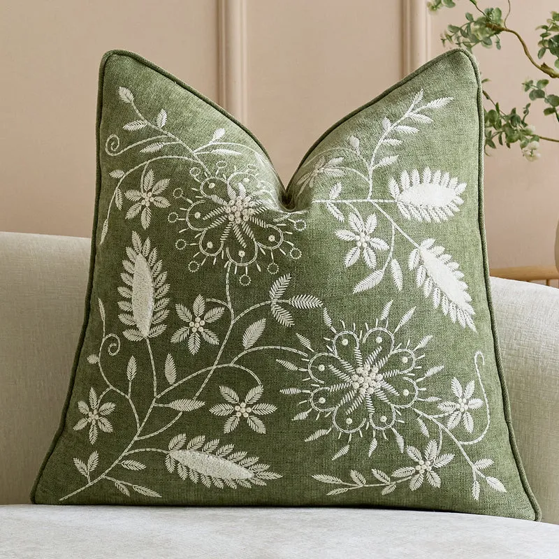 Bestickte Leinen-Wurfkissenhülle mit floralem Motiv