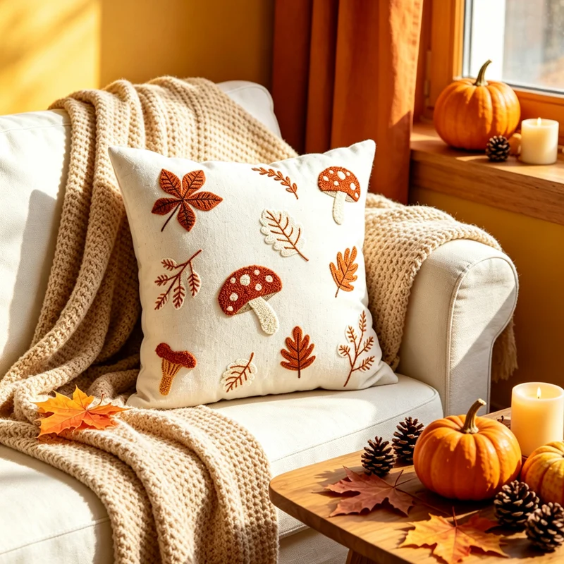 Bestickte Herbst-Wurfkissenhülle mit Pilz- und Blattanwendung