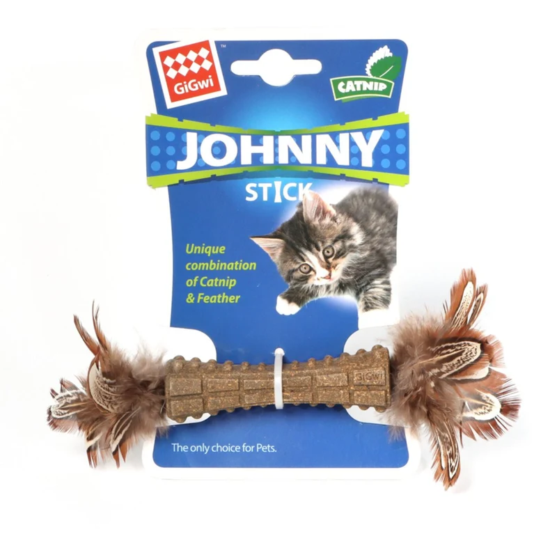 GiGwi Catnip Johnny Stick with Double-Sided Natural Feather Cat Toy Brown