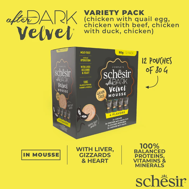 Schesir After Dark Velvet Mousse In Broth Wet Cat Food Variety Pack 12x80g