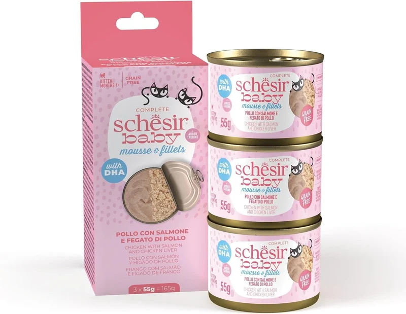 Schesir Baby Mousse & Fillets Chicken With Salmon & Chicken Liver Multipack Kitten Wet Cat Food In Can 165G 3X55G