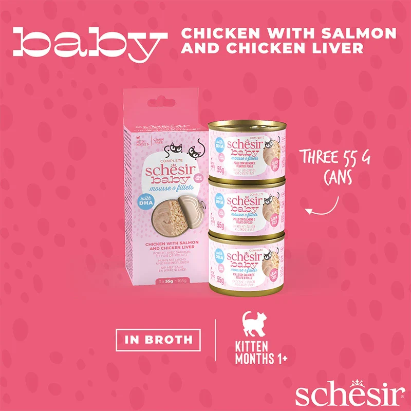 Schesir Baby Mousse & Fillets Chicken With Salmon & Chicken Liver Multipack Kitten Wet Cat Food In Can 165G 3X55G