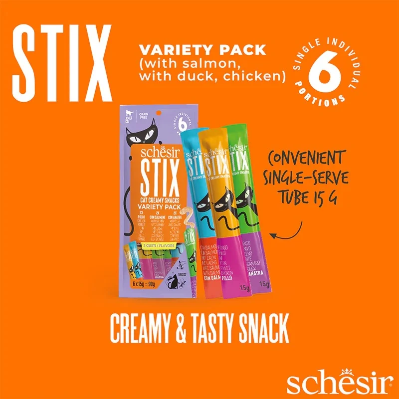 Schesir Stix Mixed Flavors Cream Snack Variety Pack Adult Cat Treats 90G 6x15G