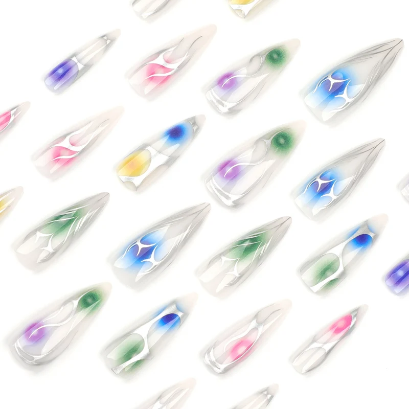 Kunstvolle Stiletto-Nägel mit transparentem Design und farbenfrohen Akzenten Karnz