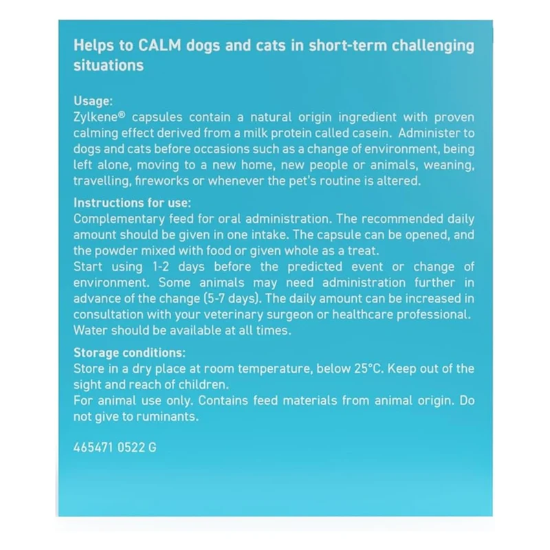 Vetoquinol Zylkene Calming Supplements For Cats & Dogs Up to 10KG 75mg 20 Capsules