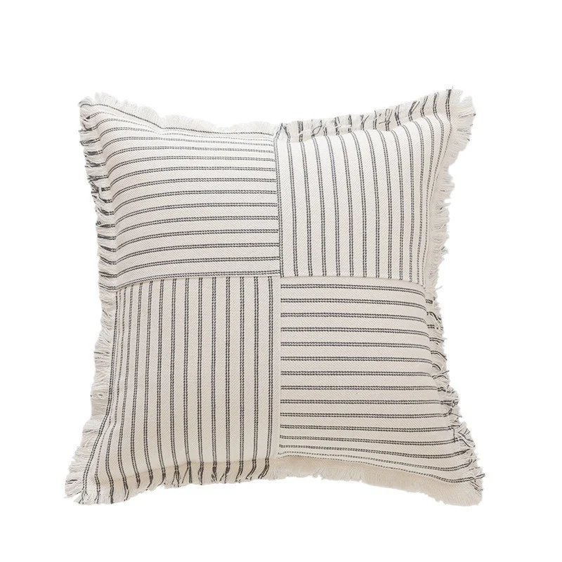 Gestreifter, küstlich inspirierter Baumwoll-Kissenbezug mit Fransenrand und verdezipptem Reißverschluss