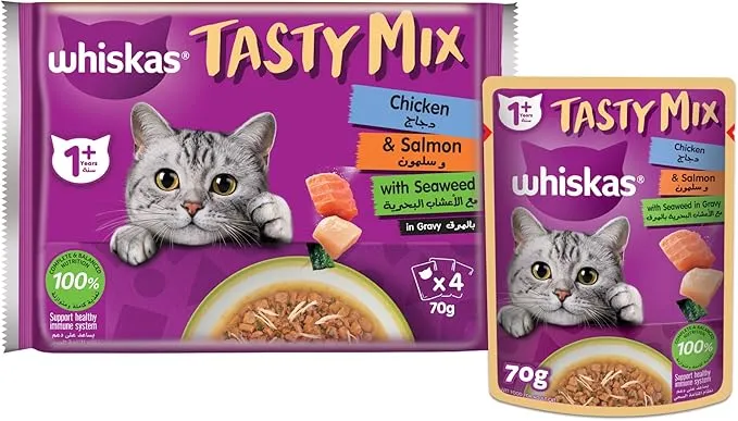 Whiskas Tasty Mix Chicken & Salmon Wet Cat Food 1 Year+ 4x70G