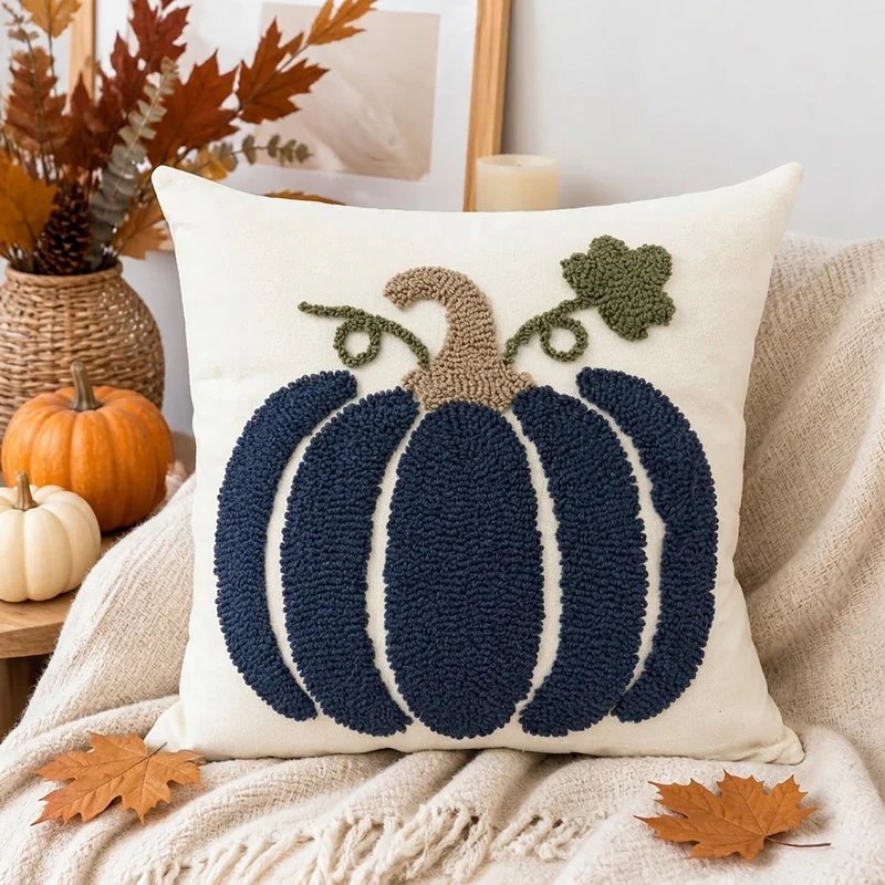 Saisonale tufted Kürbis Akzent Kissenbezug mit Chenille-Schlingenstickerei