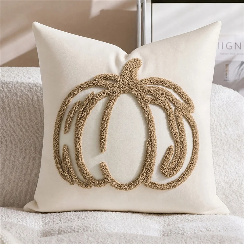 Saisonale tufted Kürbis Akzent Kissenbezug mit Chenille-Schlingenstickerei