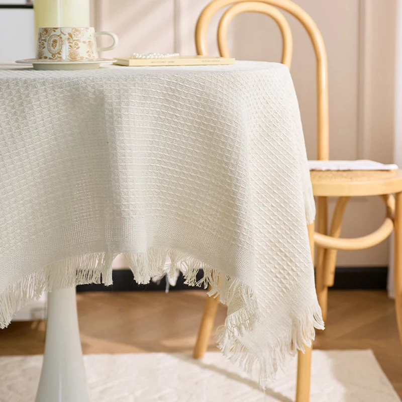 Runde texturierte Waffelgewebe-Fransen-Tischdecke mit Quastenrand