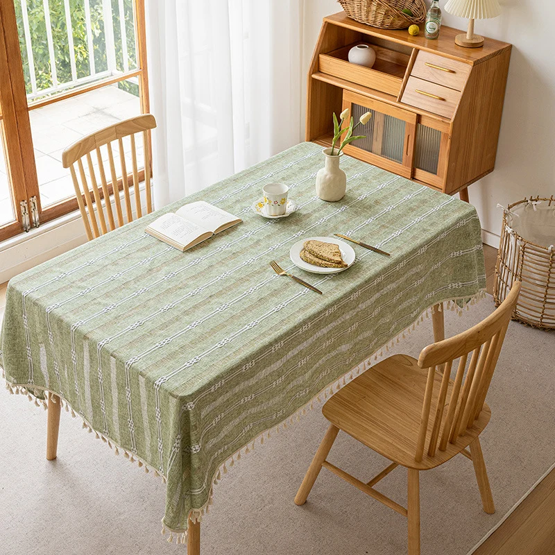 Rechteckige Tischdecke aus Baumwolle-Leinen mit Fransen und Quasten für Esstisch