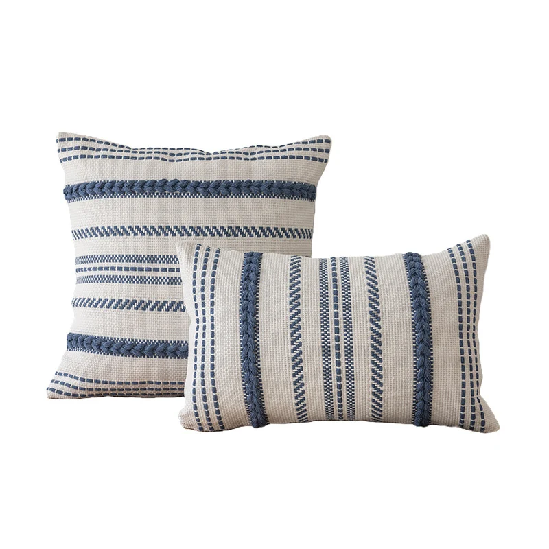 Handgewebtes Baumwoll gestreiftes Boho dekoratives Kissenbezug-Set mit geflochtenem Akzent