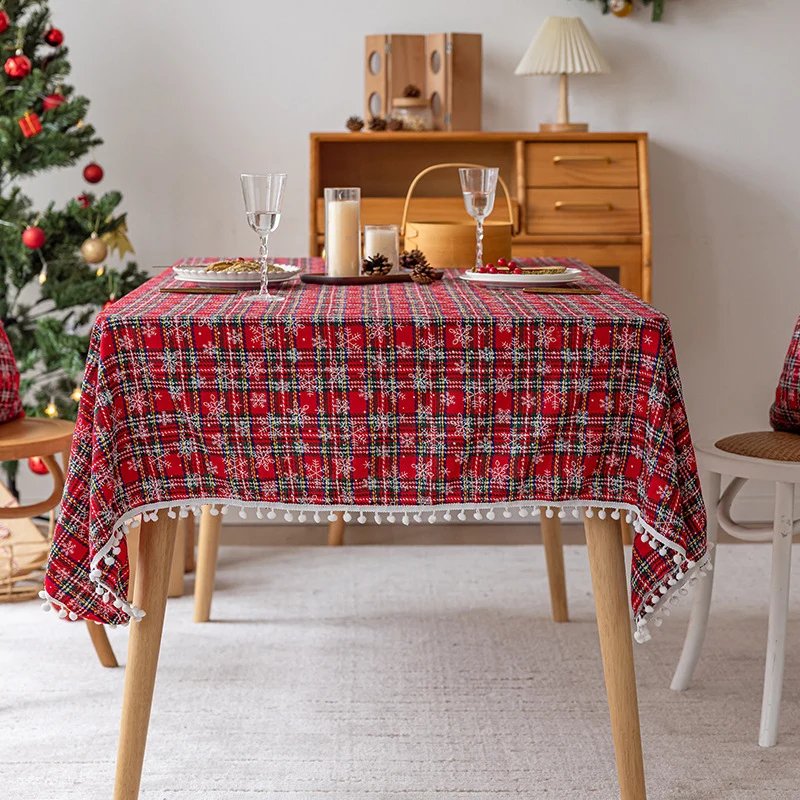 Festliches Karomuster Pom-Pom Trim Rechteckige Tischdecke