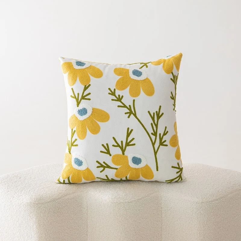 Bestickter Floral Baumwoll-Leinen Quadrat Kissenbezug mit verstecktem Reißverschluss und strukturiertem Appliqué