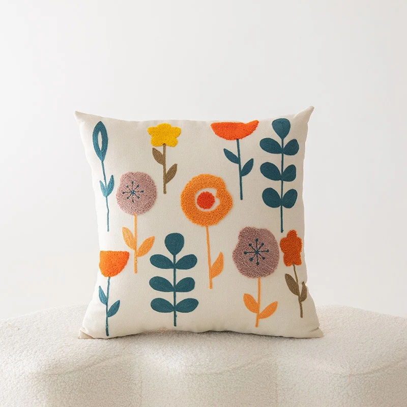 Bestickter Floral Baumwoll-Leinen Quadrat Kissenbezug mit verstecktem Reißverschluss und strukturiertem Appliqué