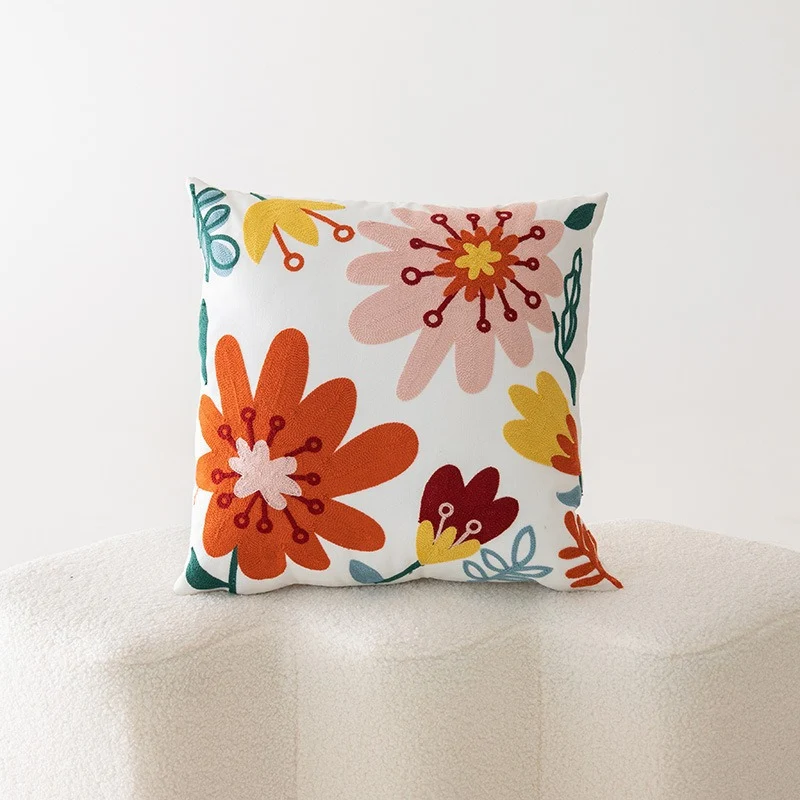 Bestickter Floral Baumwoll-Leinen Quadrat Kissenbezug mit verstecktem Reißverschluss und strukturiertem Appliqué