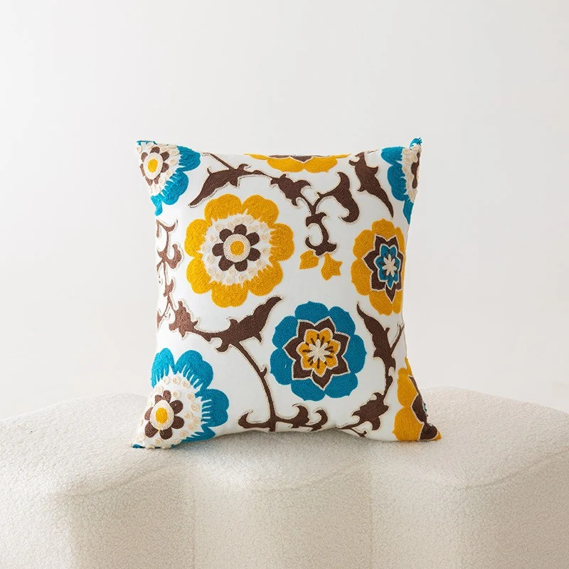 Bestickter Floral Baumwoll-Leinen Quadrat Kissenbezug mit verstecktem Reißverschluss und strukturiertem Appliqué