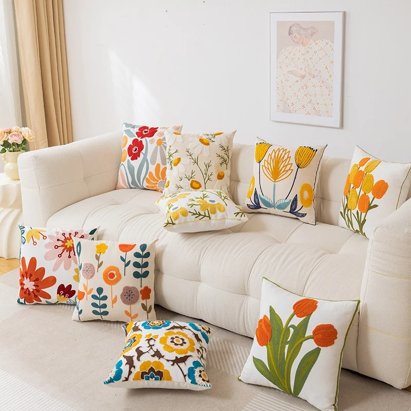 Bestickter Floral Baumwoll-Leinen Quadrat Kissenbezug mit verstecktem Reißverschluss und strukturiertem Appliqué