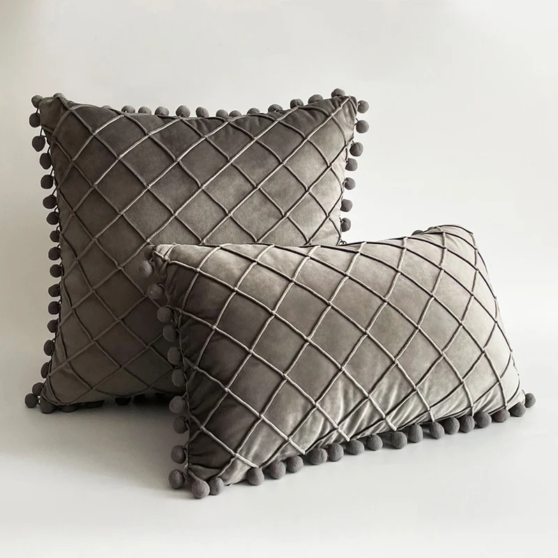 Dekorativer Samt Pom-Pom Gitter-Tufted Wurfkissenbezug