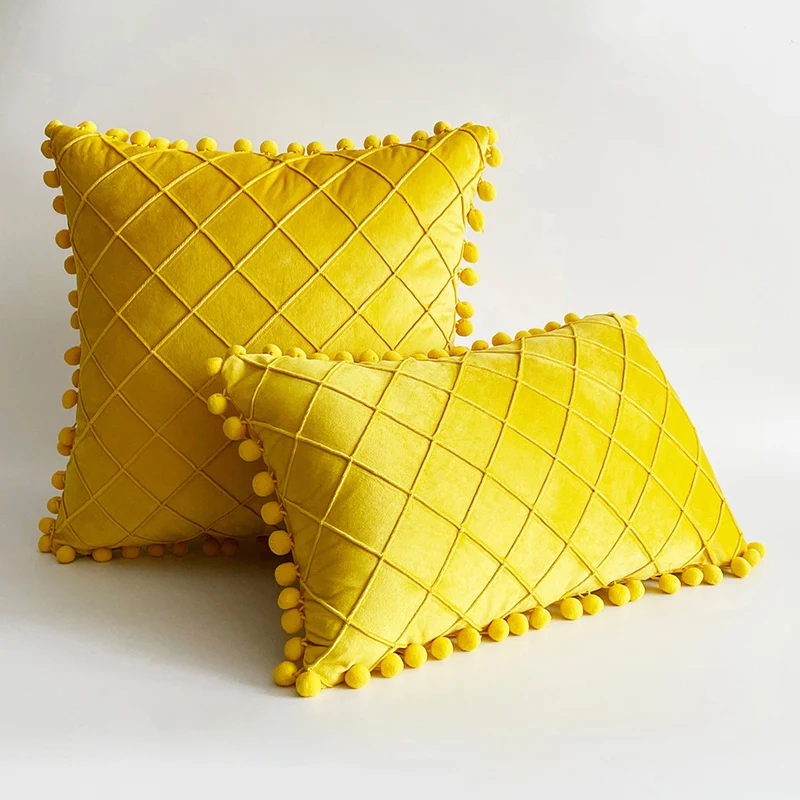 Dekorativer Samt Pom-Pom Gitter-Tufted Wurfkissenbezug