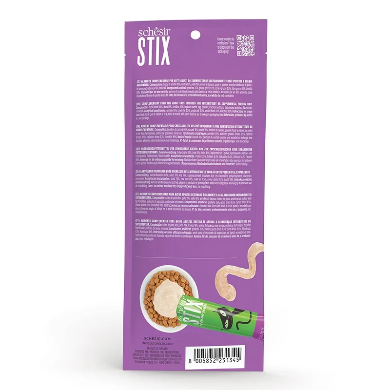 Schesir Stix Duck Cream Snack Adult Cat Treats 90G 6x15G