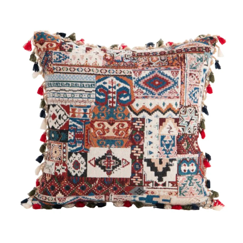 Dekorativer Bohemian Patchwork Wandteppich Wurfkissenbezug mit Pompon-Fransenverzierung
