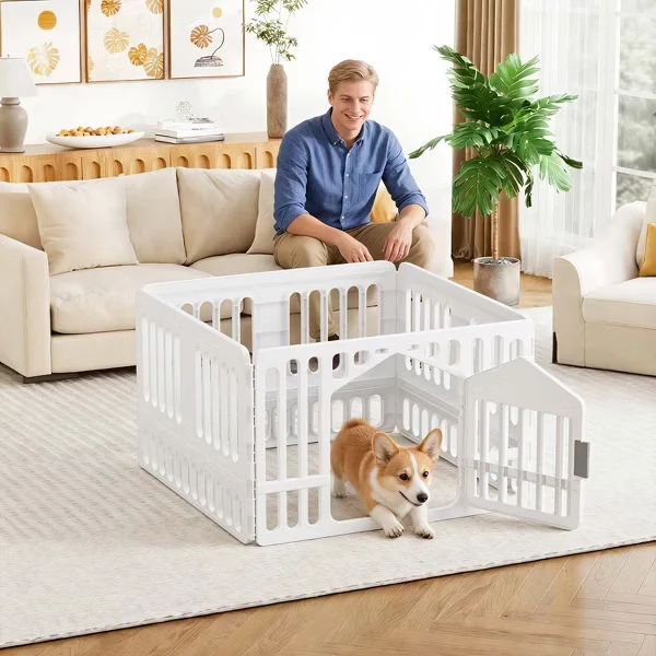 XDPC Plastic Dog & Puppy 4-Panel Playpen With Secured Locking 96.5x10.5x61cm White