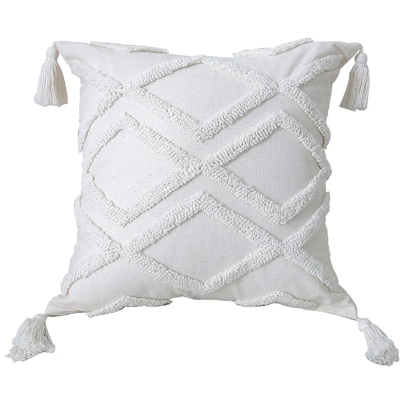 Boho Texturiertes Gestuftes Baumwoll-Wurfkissen mit Diamant-geometrischen Tufting und Eck-Tasseln