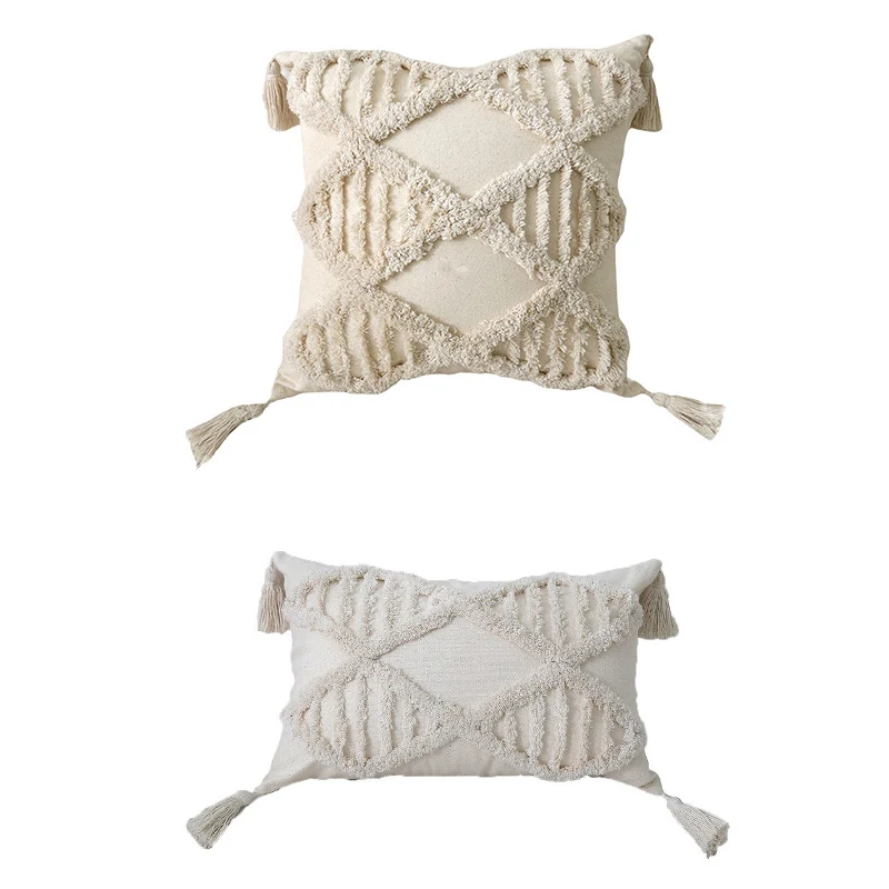 Artisanell Getuftetes Pom-Pom Baumwoll Quadrat- & Lendenkissen mit Quastenakzent und abnehmbaren Bezügen