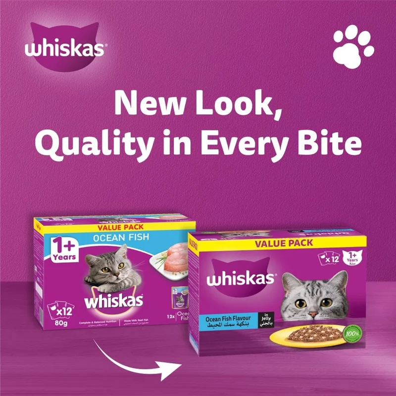 Whiskas 1+ Years Value Pack Ocean Fish Wet Cat Food In Jelly 12x80G - Pack of 10