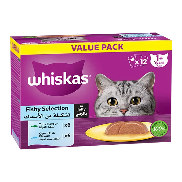 Whiskas 1+ Years Fishy Selection Adult Wet Cat Food in Jelly 10+2 Multipack 12X80G