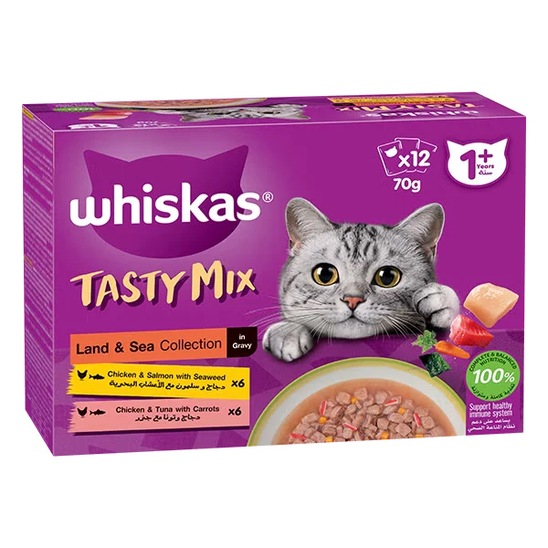 Whiskas 1+ Years Tasty Mix Land & Sea Collection Adult Wet Cat Food In Gravy 12X70G