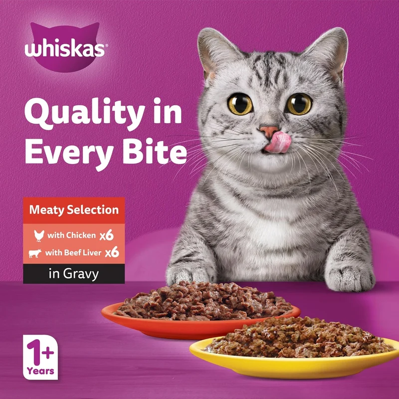 Whiskas 1+ Years Meaty Selection in Gravy Adult Wet Cat Food 10+2 Multipack 12X80G