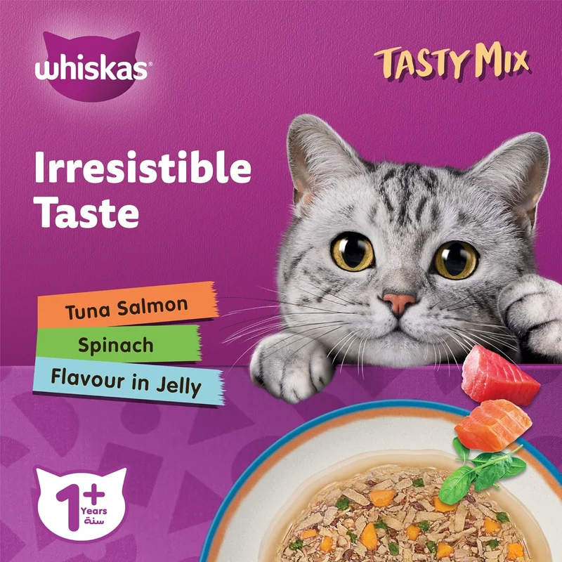 Whiskas 1+ Years Tasty Mix Tuna Salmon & Spinach Adult Wet Cat Food in Jelly 4X70G