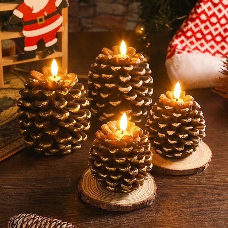 Dekoratives Tannenzapfen-LED-Kerzen-Set ohne Flamme mit glitzernden Akzenten und natürlichen Holzscheiben als Untersetzern