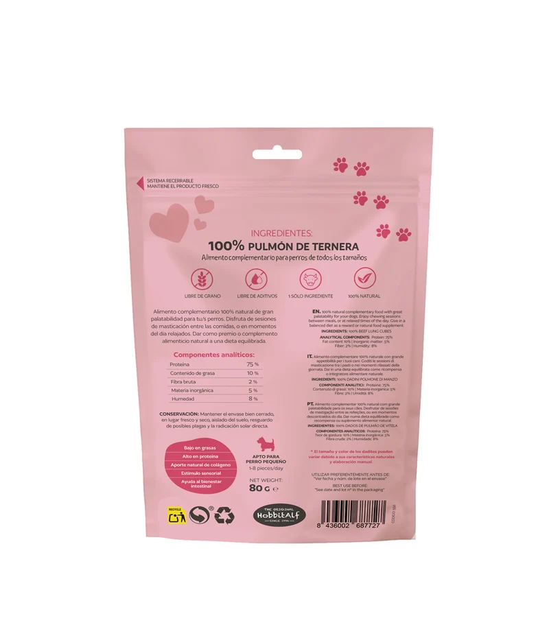 Hobbitalf Air Dried Beef Lung Cubes Dog Treats 80g