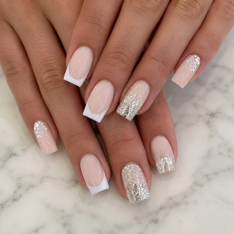 Glamouröse Franse Tipp Glitzer Nagelverlängerungen Karnz