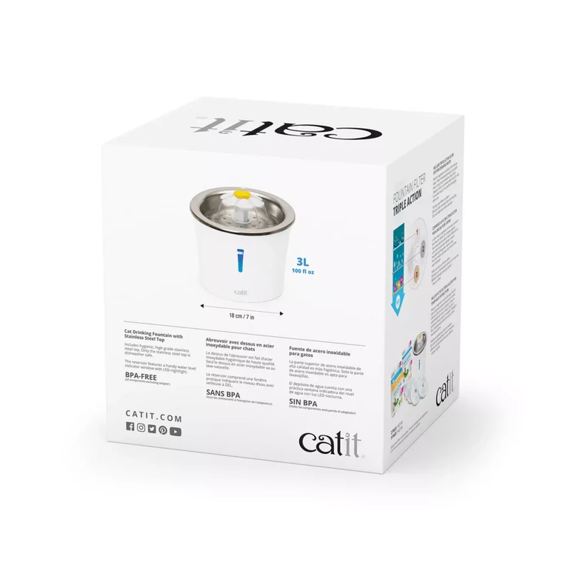 Catit Stainless Steel Flower Cat Drinking Fountain 3L With LED Nightlight 21x21x18.5cm