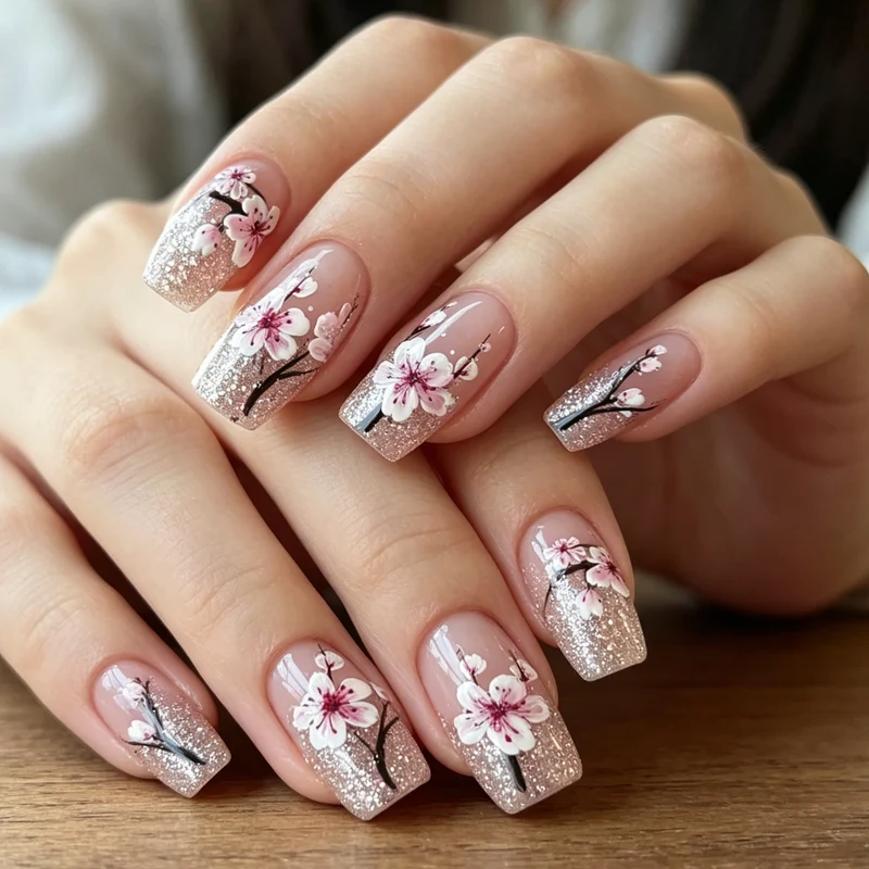 Blumiger Glitter Acryl-Nagelverzierung Karnz